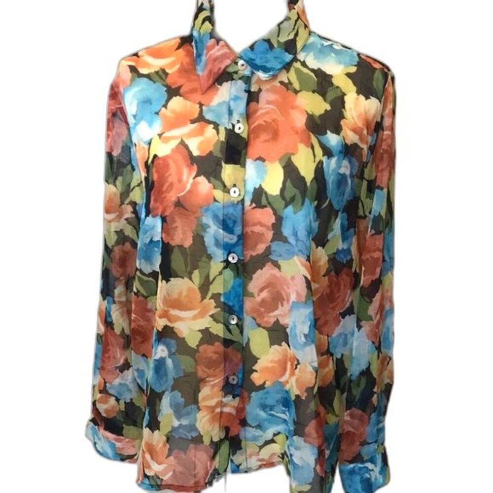 Alfred dunner sheer floral button up long sleeve lightweight top size 16P